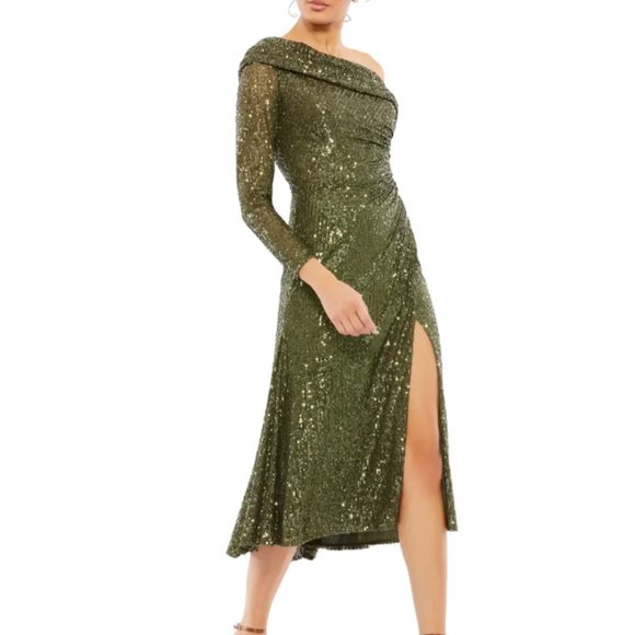 MAC DUGGAL SEQUIN ONE SHOULDER LONG SLEEVE OLIVE MIDI DRESS sz 10 MAC DUGGAL SEQUIN ONE SHOULDER LONG SLEEVE OLIVE MIDI DRESS sz 10